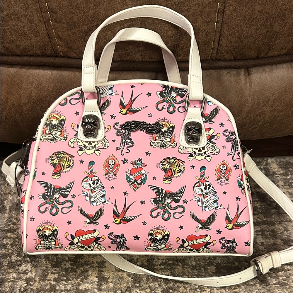 New Ed Hardy Pink and White Satchel with Tattoo Design